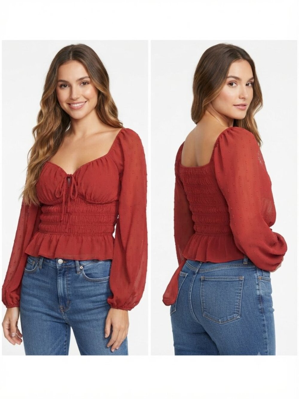 Express Women's Red Sheer Swiss Dot Smocked Long Sleeve Blouse Size XS